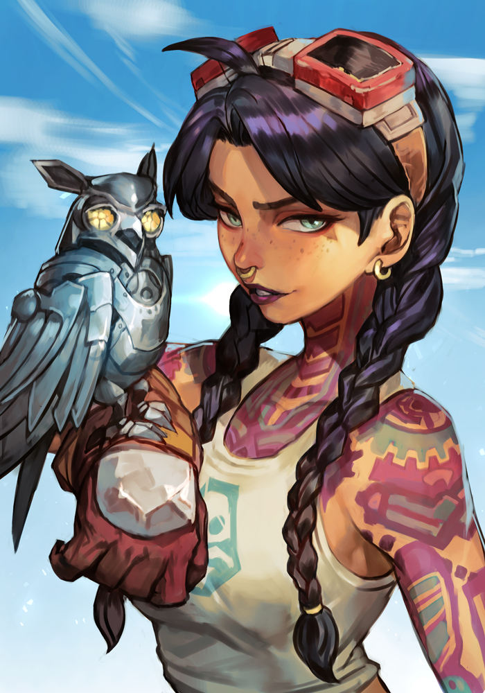 1girl bare_shoulders bird black_hair blue_eyes blue_sky braid brown_gloves character_request clouds collarbone earrings fortnite freckles full_body_tattoo gloves goggles goggles_on_head hair_tie hankuri jewelry logo looking_at_viewer mechanical_bird nose_piercing owl piercing print_shirt purple_lips shirt sky solo tank_top tattoo twin_braids twintails white_shirt