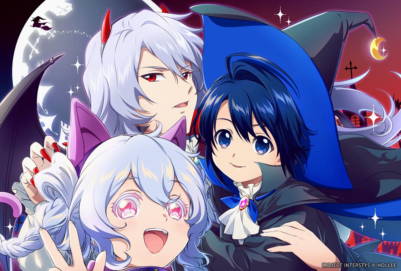 1girl 2boys :d animal_ears bat_wings black_headwear blue_eyes blue_hair braid brooch butterfly-shaped_pupils cape claw_pose commentary cravat crescent english_commentary eyebrows_visible_through_hair fake_animal_ears fangs fingernails hairband halloween halloween_costume hat horned_headwear horns interstys:_battle_frontier jewelry kaze-hime long_fingernails long_hair looking_at_viewer medium_hair moon multiple_boys open_mouth pink_eyes red_eyes red_nails smile symbol-shaped_pupils twin_braids very_long_hair w wings witch_hat