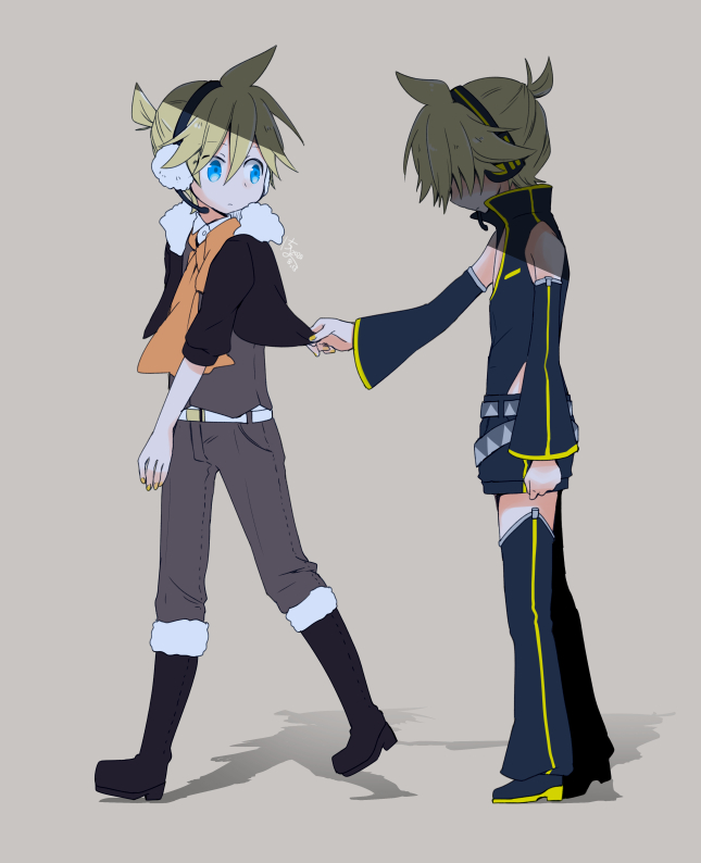 2boys asymmetry_(module) belt black_legwear black_pants black_shirt blonde_hair blue_eyes boots commentary dual_persona earmuffs fur-trimmed_boots fur-trimmed_jacket fur_trim head_down headphones headset ichiha_(18o_o81) jacket kagamine_len knee_boots looking_at_another looking_back male_focus multiple_boys neckerchief orange_neckwear pants project_diva_(series) punkish_(module) shadow shirt shirt_tug short_ponytail short_shorts shorts spiky_hair symbol_commentary thigh-highs tug vocaloid waist_cutout