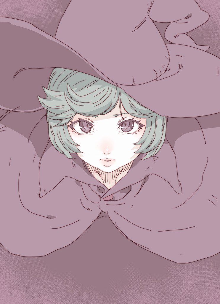 1girl bangs berserk cape check_copyright collared_cape copyright_request green_hair hat looking_at_viewer parted_lips purple_cape purple_headwear ringed_eyes schierke short_hair solo swept_bangs tasaka_shinnosuke upper_body violet_eyes witch_hat