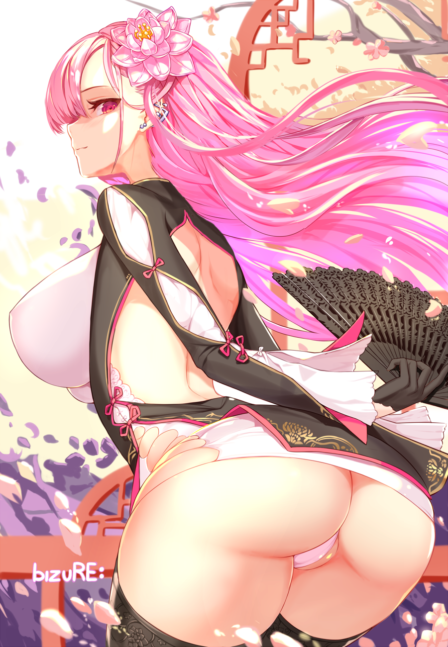 1girl ass bizure: black_gloves black_legwear breasts cherry_blossoms china_dress chinese_clothes chinese_new_year closed_mouth covered_nipples dress ear_piercing earrings fan flower gloves hair_flower hair_ornament hana_(bizure:) highres holding holding_fan jewelry large_breasts long_hair looking_back original panties pantyshot petals piercing pink_eyes pink_flower pink_hair pink_panties signature smile solo thigh-highs tree underwear