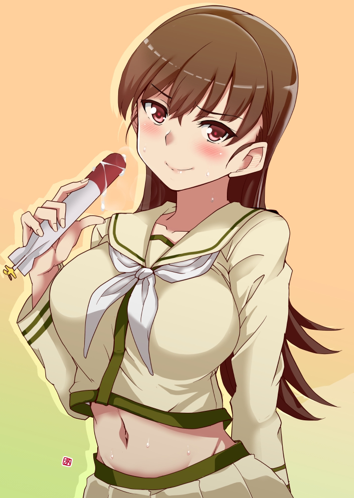 1girl aoi_manabu beige_sailor_collar beige_serafuku beige_skirt breasts brown_eyes brown_hair gradient gradient_background green_background kantai_collection large_breasts long_hair looking_at_viewer midriff navel ooi_(kantai_collection) orange_background pleated_skirt remodel_(kantai_collection) sailor_collar school_uniform serafuku skirt solo