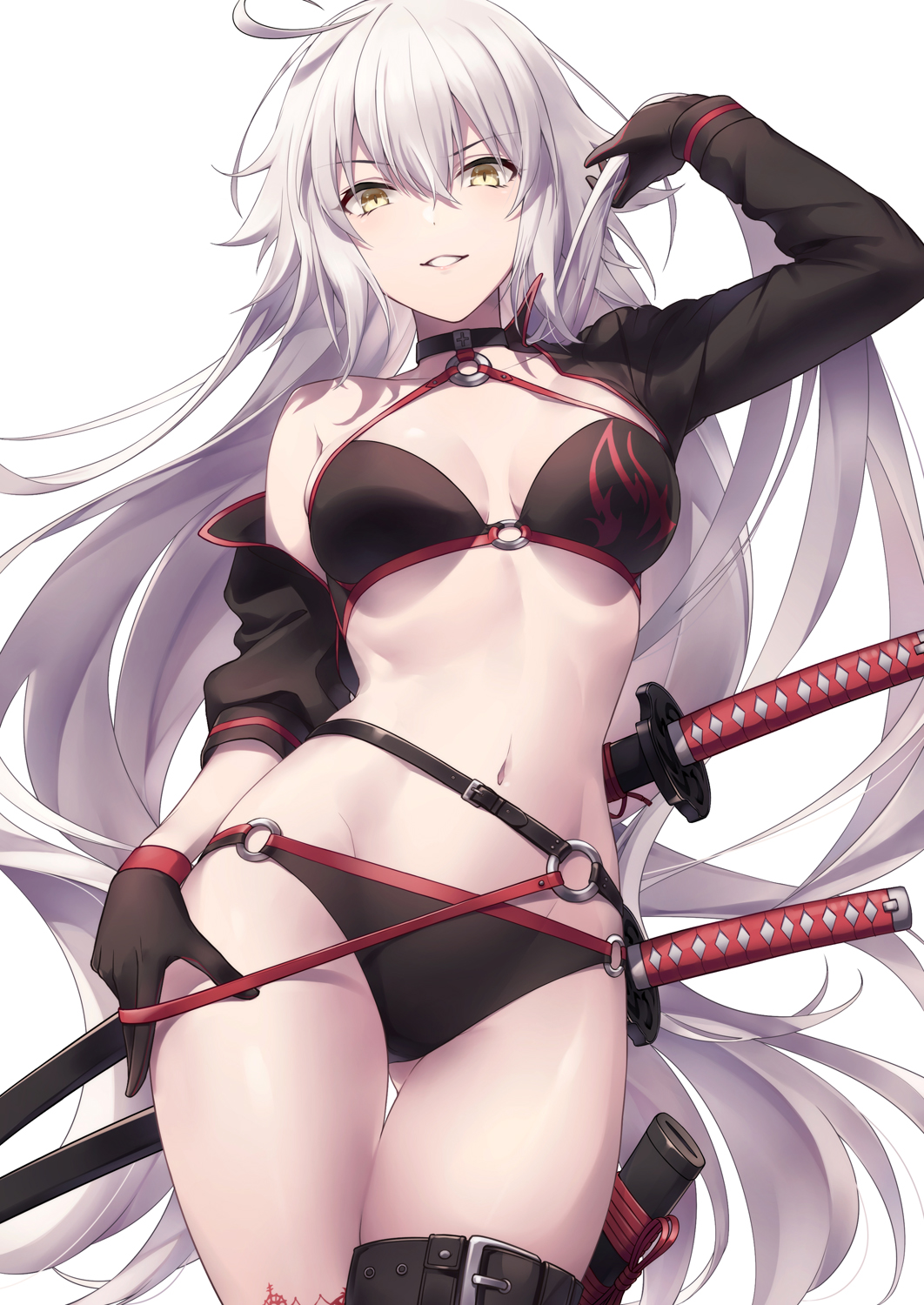 1girl ahoge bikini black_bikini black_choker black_gloves black_jacket breasts choker commentary_request cowboy_shot cropped_jacket fate/grand_order fate_(series) gloves highres jacket jeanne_d'arc_(alter_swimsuit_berserker) jeanne_d'arc_(fate)_(all) katana large_breasts long_hair multiple_swords navel o-ring o-ring_bikini o-ring_bottom o-ring_top red_legwear shrug_(clothing) silver_hair single_thighhigh solo swimsuit sword thigh-highs thigh_strap toujou_masateru very_long_hair weapon white_background white_hair yellow_eyes