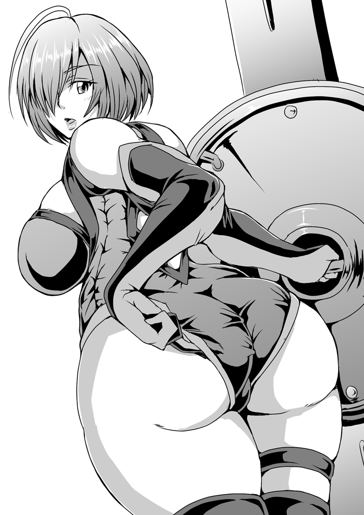 1girl adjusting_clothes adjusting_swimsuit armor armored_leotard ass bare_shoulders black_armor black_legwear black_leotard breasts elbow_gloves eyebrows_visible_through_hair fate/grand_order fate_(series) from_behind gloves greyscale hair_over_one_eye holding holding_shield large_breasts leotard looking_at_viewer looking_back mash_kyrielight mifune_seijirou monochrome open_mouth ortenaus shield short_hair simple_background solo solo_focus swimsuit thigh-highs white_background