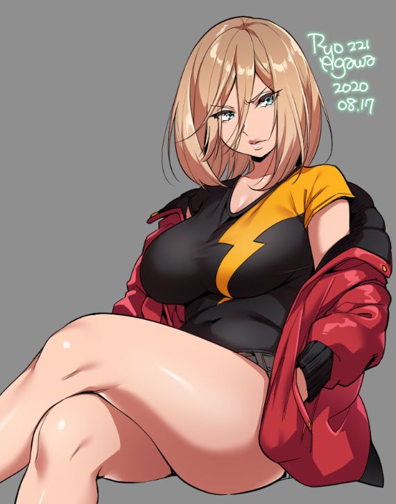 1girl 2020 agawa_ryou blonde_hair blue_eyes breasts crossed_legs dated grey_background hand_in_pocket jacket large_breasts lips looking_at_viewer original red_jacket short_hair signature simple_background solo thick_thighs thighs