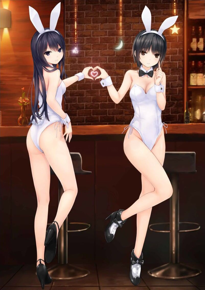 2girls animal_ears aoyama_sumika ass bangs bar bar_stool bare_shoulders black_hair black_neckwear brown_eyes bunny_tail bunnysuit coffee-kizoku eyebrows_visible_through_hair fake_animal_ears from_behind hairband heart heart_hands heart_hands_duo high_heels jpeg_artifacts leotard long_hair looking_at_viewer looking_back multiple_girls necktie original rabbit_ears shiramine_rika short_hair smile stool strapless strapless_leotard strappy_heels tail white_leotard wrist_cuffs