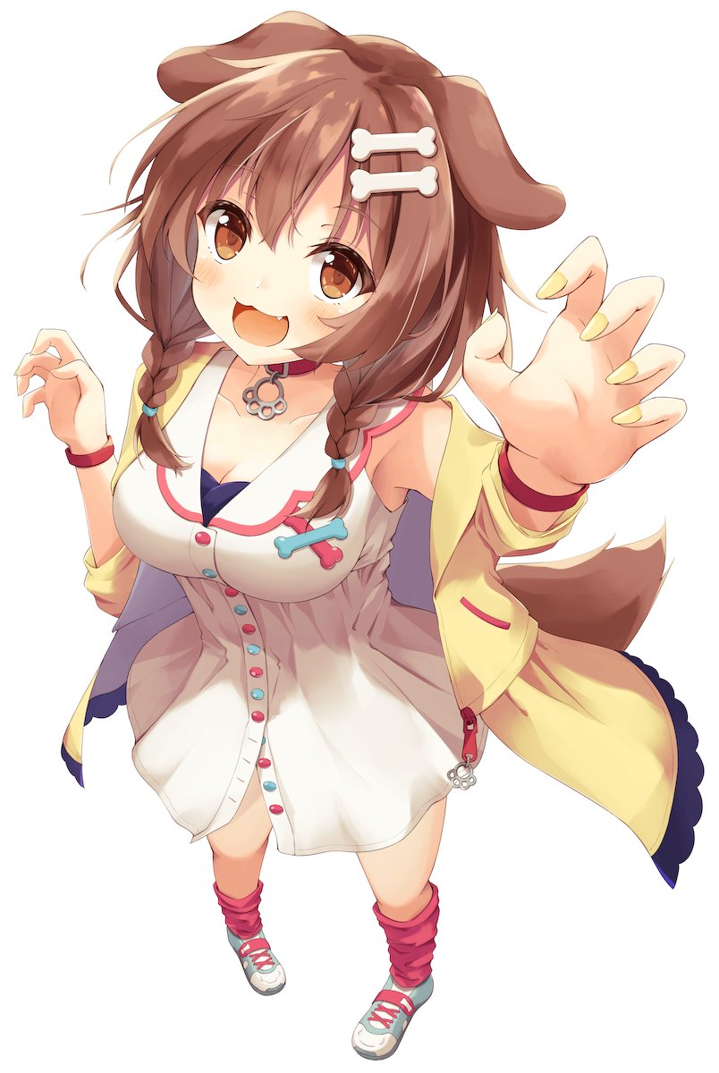 1girl :3 animal_ears bangs blush bone_hair_ornament bracelet braid breasts brown_eyes brown_hair buttons cartoon_bone choker claw_pose collar collarbone dog_collar dog_ears dog_girl dog_tail dress eyebrows_visible_through_hair fang fingernails fingers from_above full_body hair_between_eyes hair_ornament hairclip highres hololive inugami_korone jacket jewelry long_fingernails long_hair looking_at_viewer loose_socks low_twin_braids low_twintails medium_breasts mizutan64 nail_polish raised_eyebrows red_collar red_legwear shoes short_dress simple_background smile sneakers socks solo tail twin_braids twintails virtual_youtuber w_arms white_background white_dress wristband yellow_jacket yellow_nails