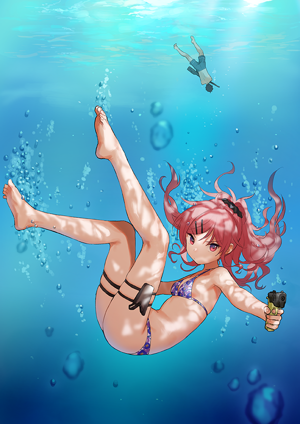 1boy 1girl armpits ass bare_arms bare_shoulders barefoot bikini breasts bubble chigusa_asuha chigusa_kasumi freediving frown gun hair_ornament hair_scrunchie hairclip handgun holding holding_gun holding_weapon holster legs_up long_hair looking_at_viewer pistol ponytail purple_bikini qualidea_code red_eyes redhead scrunchie sekiya_asami skindentation small_breasts solo_focus stomach string_bikini swimsuit thigh_strap thighs underwater v-shaped_eyebrows water weapon