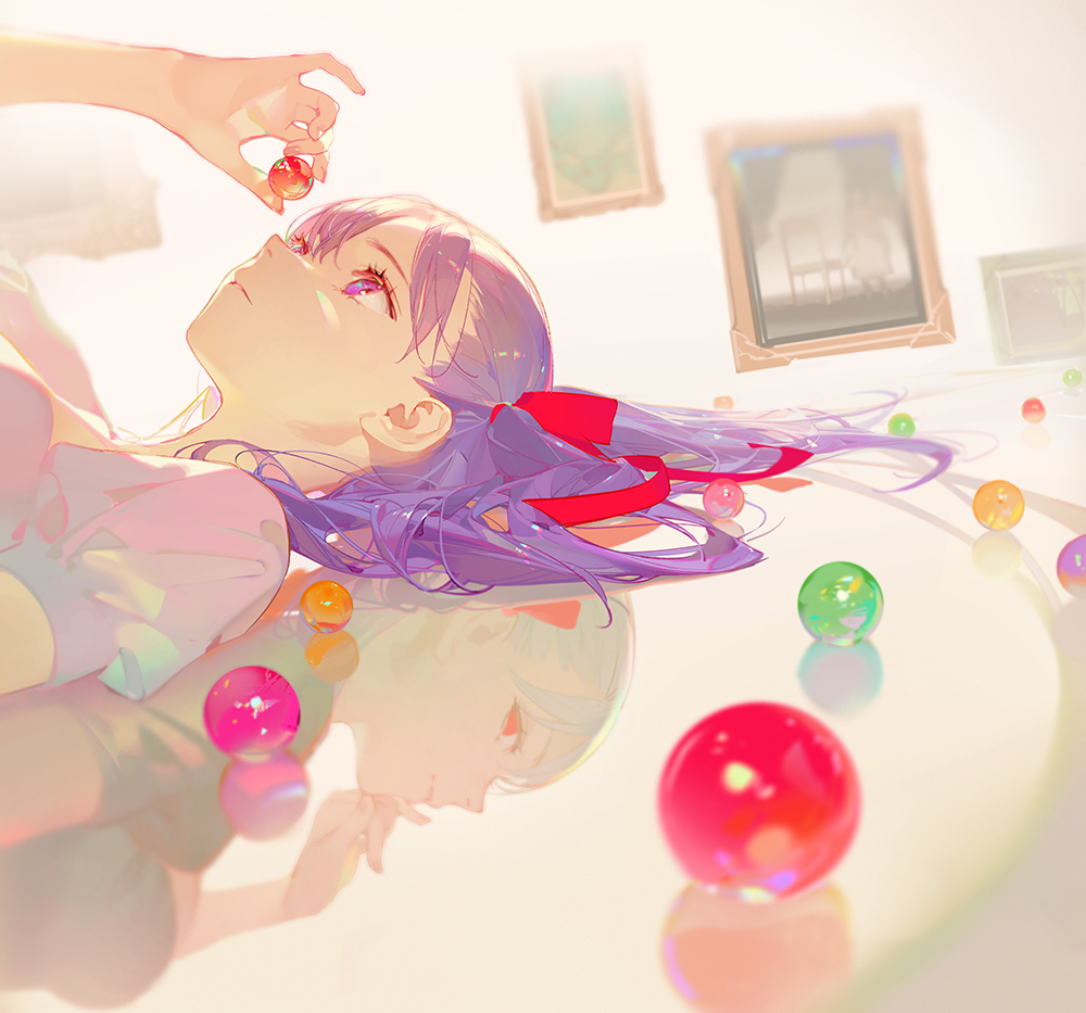 1girl art_deco ask_(askzy) ball commentary_request dark_persona dark_sakura dress fate/stay_night fate_(series) hand_on_own_chin heaven's_feel holding holding_ball looking_at_object looking_back looking_up lying matou_sakura multiple_persona on_back portrait purple_hair red_eyes reflection violet_eyes white_dress white_hair