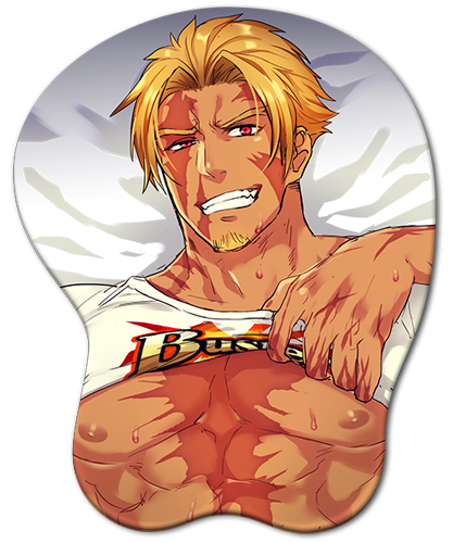 1boy abs bangs bara beard beowulf_(fate/grand_order) blonde_hair buster_shirt chest facial_hair fate/grand_order fate_(series) goatee looking_at_viewer lowres male_focus mousepad_(medium) muscle nipples pectorals scar shirt_pull smile solo yamanome