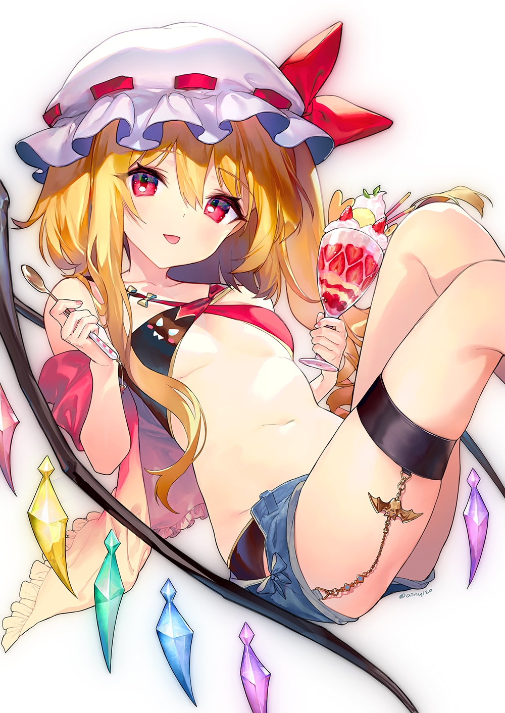 1girl ainy77 alternate_costume bare_shoulders bikini black_bikini blonde_hair blue_shorts breasts chain cup flandre_scarlet hair_between_eyes hat hat_ribbon highres holding holding_cup holding_spoon knees_up long_hair looking_at_viewer mob_cap navel red_eyes red_ribbon ribbon short_shorts shorts simple_background sitting small_breasts smile solo spoon stomach swimsuit thigh_strap tongue tongue_out touhou white_headwear wings