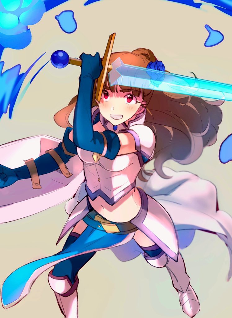 1girl armor bangs blunt_bangs braid braided_bun breastplate brown_hair crystal_sword elbow_gloves eyebrows_visible_through_hair faulds flower gloves gorget greaves grin hair_flower hair_ornament holding holding_shield holding_sword holding_weapon idolmaster idolmaster_cinderella_girls kamiya_nao loincloth long_hair midriff pauldrons red_eyes sabaton shield shoulder_armor simple_background slashing smile solo sword thick_eyebrows thigh-highs transparent_weapon weapon zakko_(si-is)