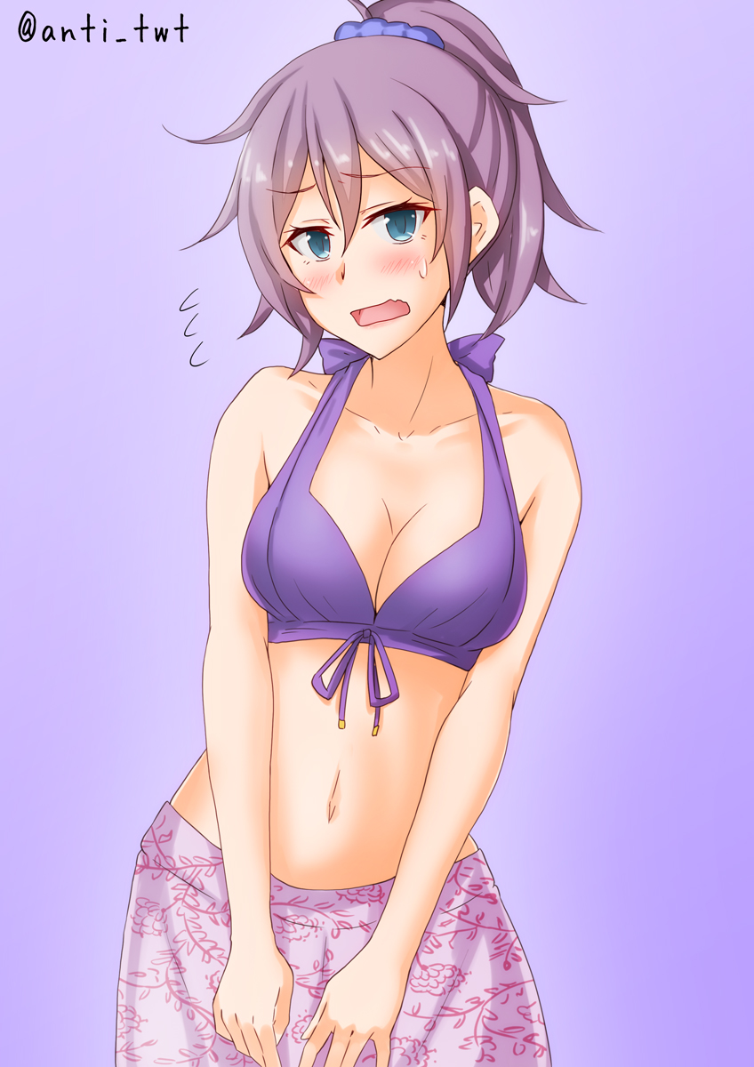 1girl anti_(untea9) aoba_(kantai_collection) bikini blue_eyes blue_scrunchie commentary_request flying_sweatdrops gradient gradient_background hair_ornament hair_scrunchie highres kantai_collection looking_at_viewer open_mouth pink_hair ponytail purple_background purple_bikini purple_hair sarong scrunchie solo swimsuit