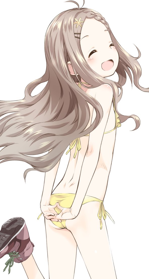 1girl :d ankle_boots aoba_kokona arms_behind_back ass back bikini boots braid braided_bangs brown_footwear closed_eyes cross-laced_footwear flat_chest frilled_bikini frills hair_ornament hairclip hands_together interlocked_fingers kokekokko_coma leg_up light_brown_hair long_hair open_mouth side-tie_bikini simple_background smile solo standing standing_on_one_leg swimsuit white_background yama_no_susume yellow_bikini