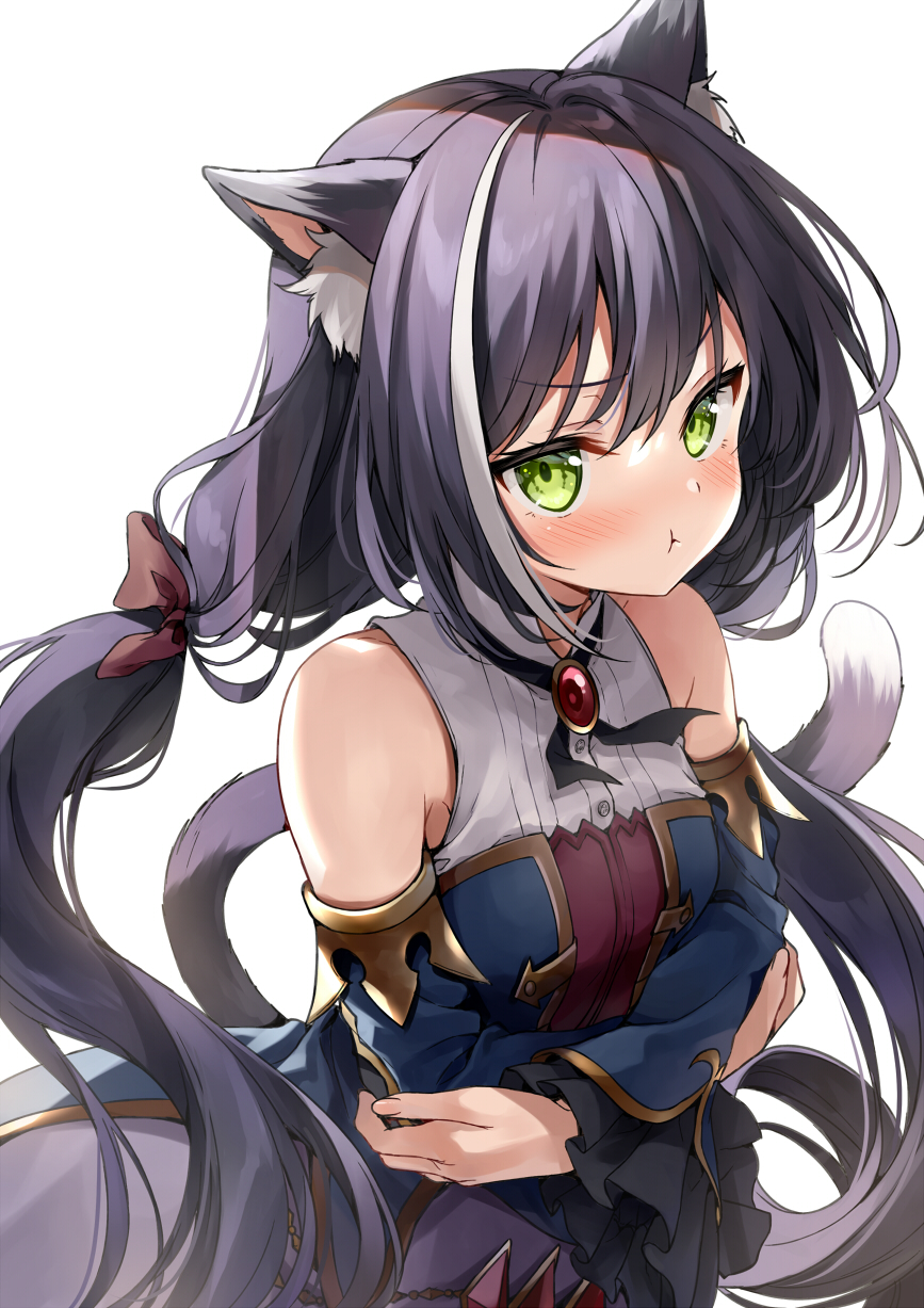 1girl :t animal_ear_fluff animal_ears bare_shoulders black_neckwear bow breasts brooch cat_ears cat_girl cat_tail detached_sleeves dress gold_trim green_eyes hair_bow highres jewelry kakao_rantan karyl_(princess_connect!) long_hair long_sleeves looking_at_viewer low_twintails multicolored_hair neck_ribbon pout princess_connect! princess_connect!_re:dive ribbon simple_background small_breasts solo streaked_hair tail twintails upper_body v-shaped_eyebrows very_long_hair white_background wide_sleeves