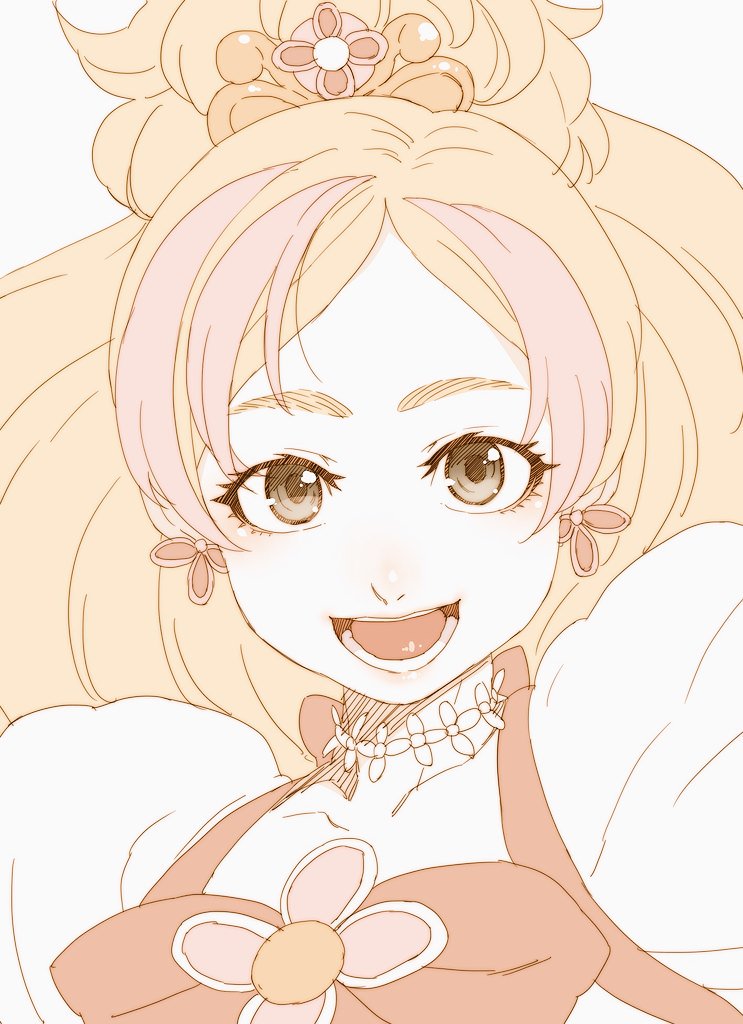 1girl :d blonde_hair bow bowtie brown_eyes character_request collar copyright_request earrings jewelry looking_at_viewer multicolored_hair open_mouth pink_hair ponytail portrait precure puffy_sleeves smile solo streaked_hair tasaka_shinnosuke