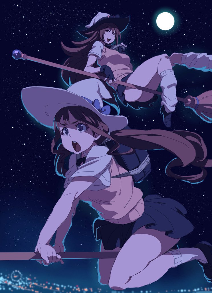 2girls :d bag blue_bag blue_bow blue_eyes blue_skirt bow broom broom_riding brown_hair copyright_request full_moon hat hat_bow long_hair moon multiple_girls night night_sky open_mouth outdoors pleated_skirt round_teeth school_bag school_uniform sitting_sideways skirt sky smile star_(sky) starry_sky sweater_vest tasaka_shinnosuke teeth upper_teeth vest white_headwear yellow_vest