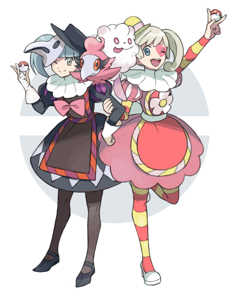 2girls ;) ;d blonde_hair blue_eyes brown_eyes dress gen_6_pokemon gloves grey_hair hat holding holding_poke_ball multiple_girls nishihara_isao one_eye_closed open_mouth pantyhose parody plague_doctor_mask poke_ball poke_ball_(basic) pokemon pokemon_(creature) pokemon_(game) smile spritzee striped striped_legwear style_parody sugimori_ken_(style) swirlix twintails white_gloves