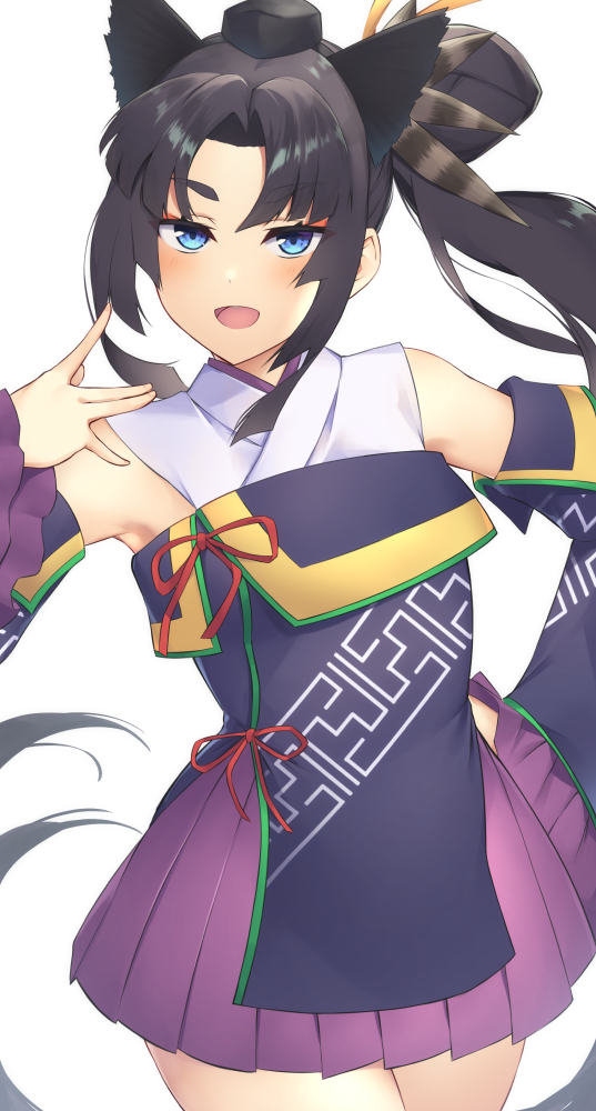 1girl bangs black_hair blue_dress blue_eyes blush breasts detached_sleeves dress fate/grand_order fate_(series) feathers hair_feathers long_hair looking_at_viewer medium_breasts open_mouth p!nta parted_bangs purple_skirt side_bun side_ponytail sidelocks skirt sleeveless sleeveless_dress smile thick_eyebrows ushiwakamaru_(fate/grand_order) wide_sleeves