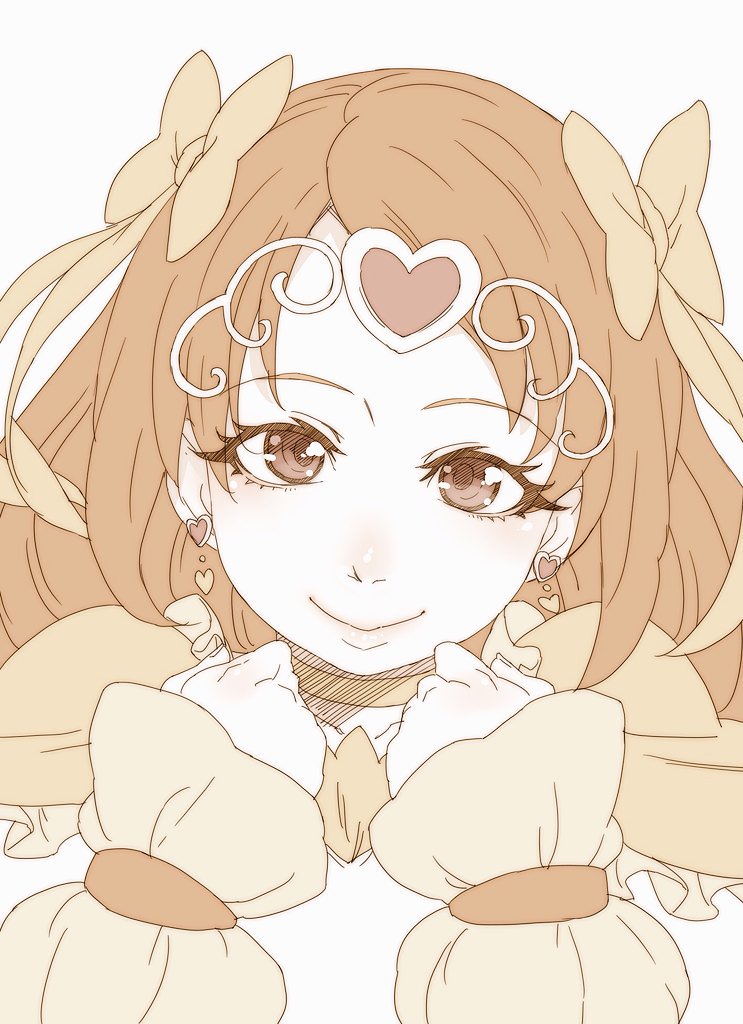 1girl bow brown_eyes brown_hair character_request closed_mouth copyright_request earrings hair_bow hands_up heart heart_earrings jewelry long_hair long_sleeves looking_at_viewer portrait precure simple_background smile solo tasaka_shinnosuke white_background yellow_bow