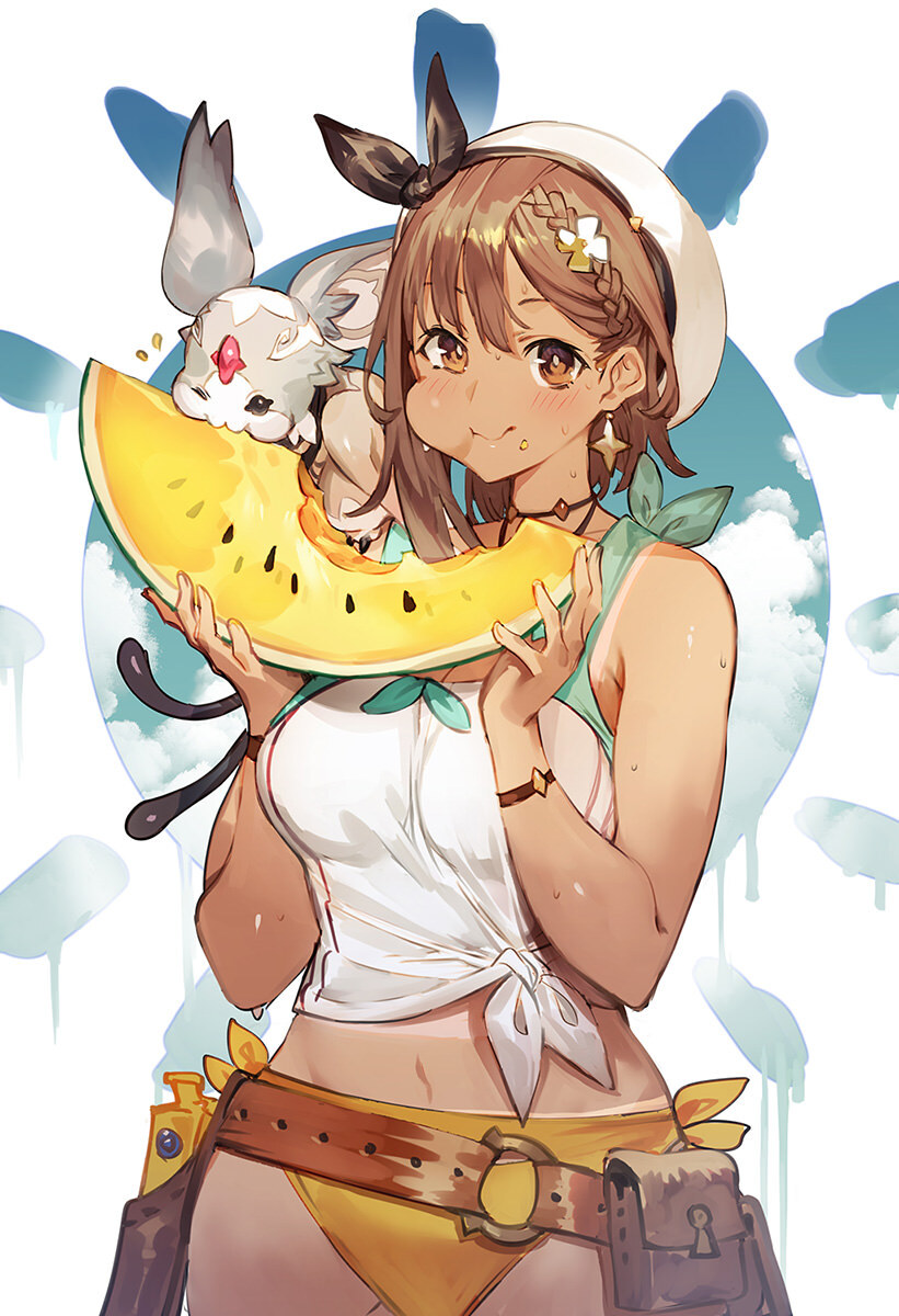 atelier_(series) atelier_ryza atelier_ryza_2 belt bikini bikini_bottom breasts brown_belt clover earrings eating food food_on_face four-leaf_clover fruit hair_ornament highres jewelry large_breasts leather_belt looking_at_viewer midriff navel necklace reisalin_stout shirt single_sidelock sweat swimsuit tan tanline thick_thighs thighs tied_shirt toridamono watermelon white_headwear yellow_bikini zanshomimai