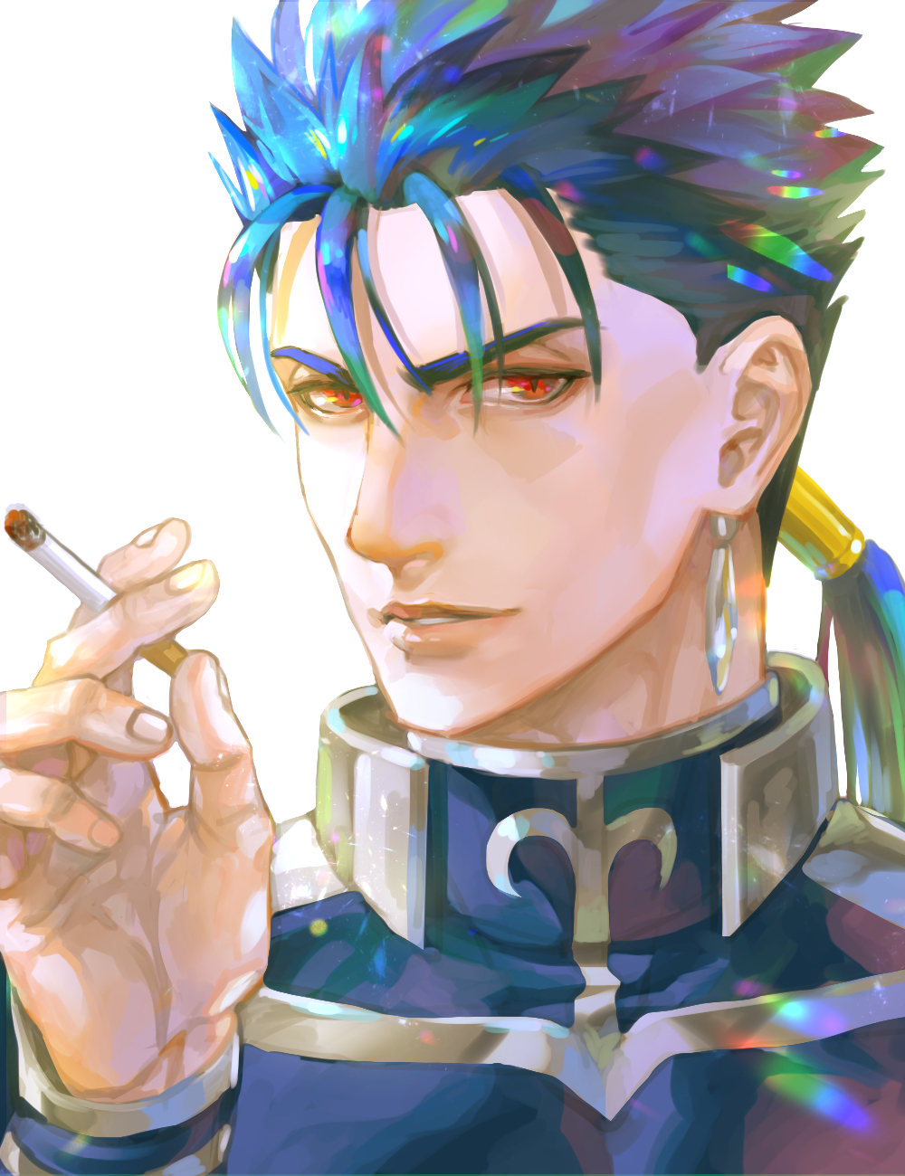 1boy blue_hair bodysuit cigarette close-up cu_chulainn_(fate)_(all) cu_chulainn_(fate/grand_order) earrings fate/grand_order fate/stay_night fate_(series) highres jewelry kim_yura_(goddess_mechanic) lancer light male_focus muscle ponytail red_eyes smoking solo