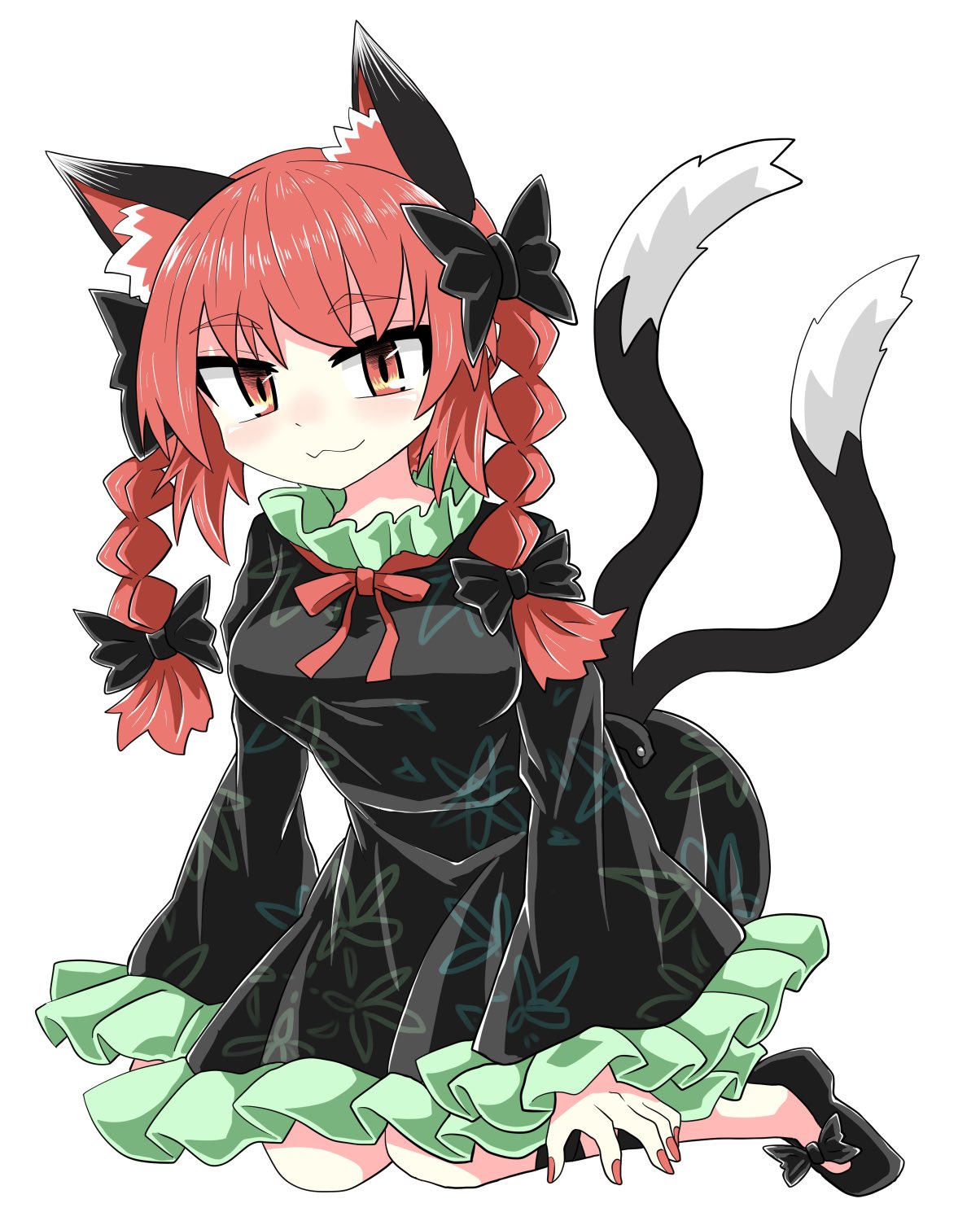 1girl :3 animal_ears bangs black_bow black_dress black_footwear black_legwear black_tail bow braid breasts cat_ears cat_tail chups closed_mouth dress extra_ears eyebrows_visible_through_hair frilled_dress frilled_sleeves frills full_body green_frills hair_bow highres kaenbyou_rin long_sleeves looking_at_viewer multiple_tails nekomata red_eyes red_nails red_neckwear redhead seiza shoe_bow shoes short_hair simple_background sitting solo tail touhou twin_braids two_tails white_background