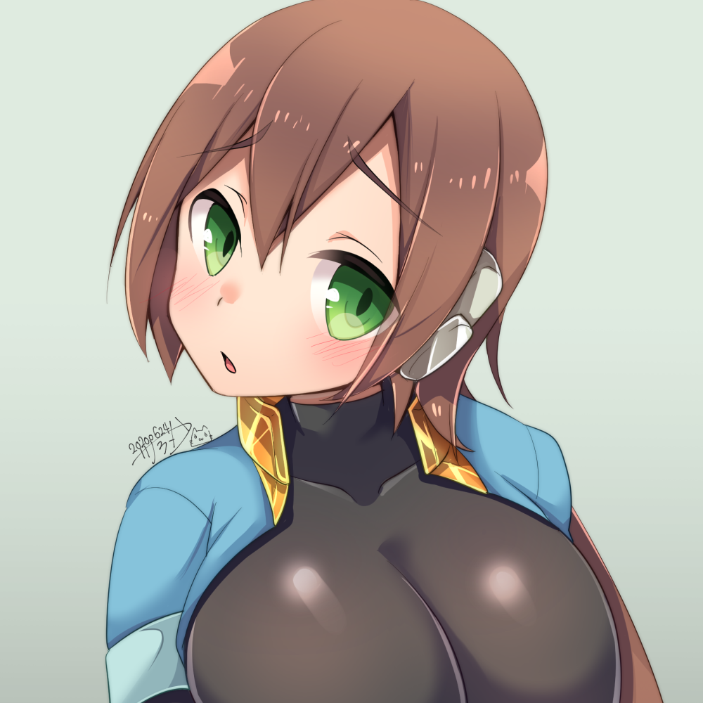 1girl aile alternate_breast_size bangs blush bodystocking bodysuit breasts brown_hair commentary_request dated green_eyes hair_between_eyes head_tilt large_breasts long_hair open_mouth robot_ears rockman rockman_zx sano_akira signature simple_background solo