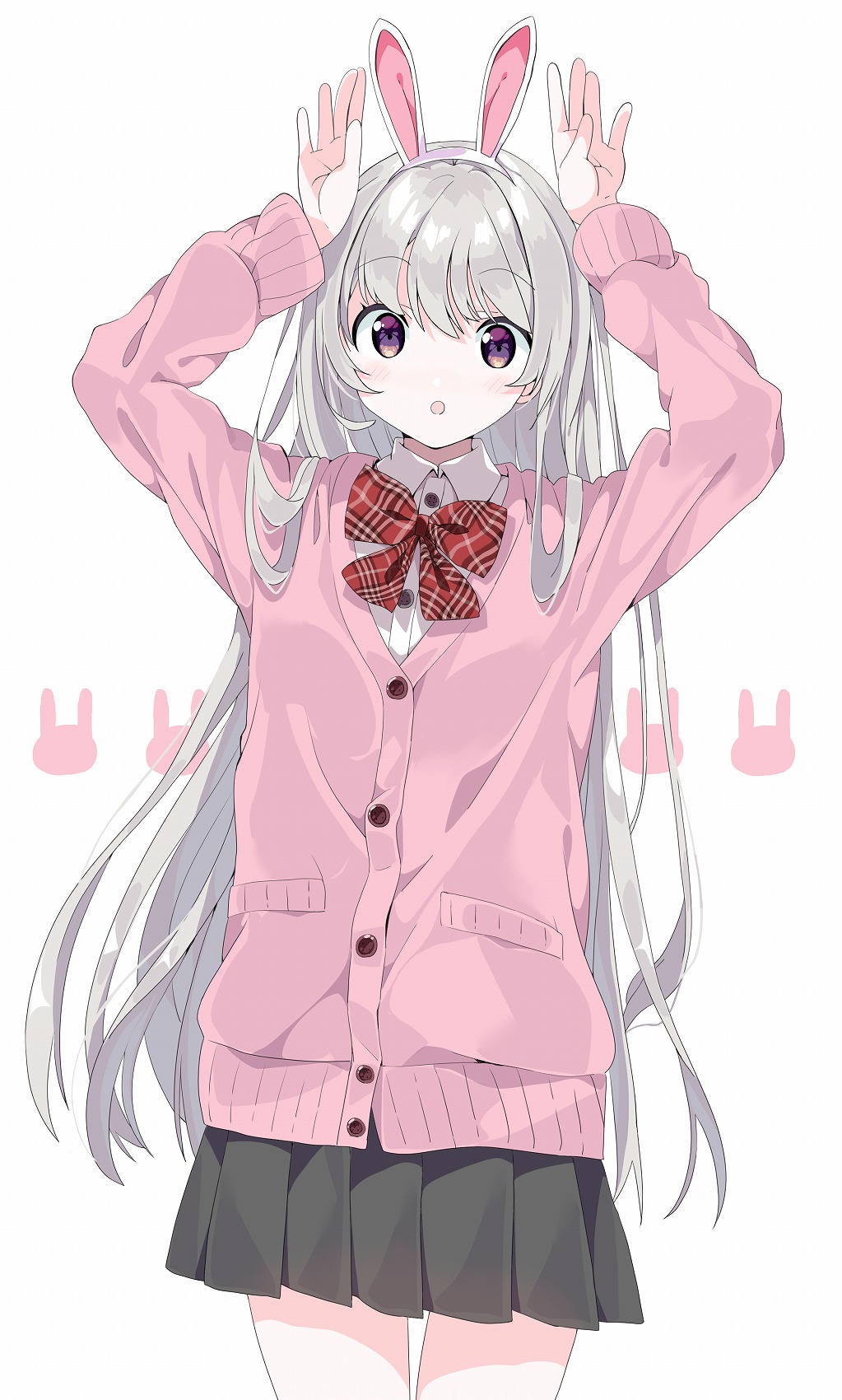 1girl :o animal_ears arms_up bangs black_skirt blush bow bunny_pose cardigan collared_shirt commentary_request cowboy_shot dress_shirt eyebrows_visible_through_hair fake_animal_ears grey_hair hair_between_eyes hairband highres long_hair looking_at_viewer original parted_lips pink_cardigan plaid plaid_bow pleated_skirt rabbit_ears red_bow school_uniform shirt simple_background skirt solo standing tantan_men_(dragon) very_long_hair violet_eyes white_background white_hairband white_shirt