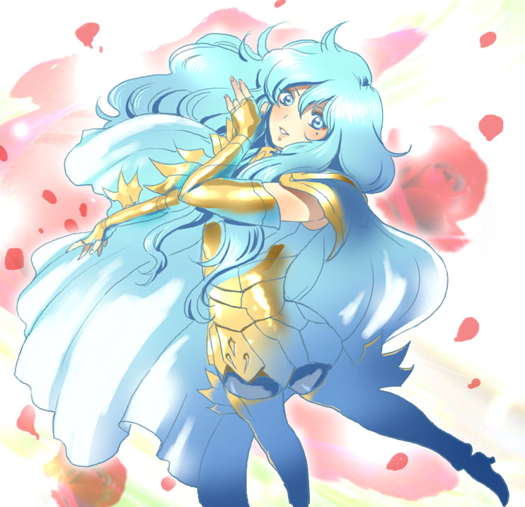 1boy androgynous armor blue_eyes blue_hair cape floating_cape floating_hair golden_armor lips long_hair male mizuhara_aki mole mole_under_eye pisces_aphrodite rose rose_petals saint_seiya simple_background