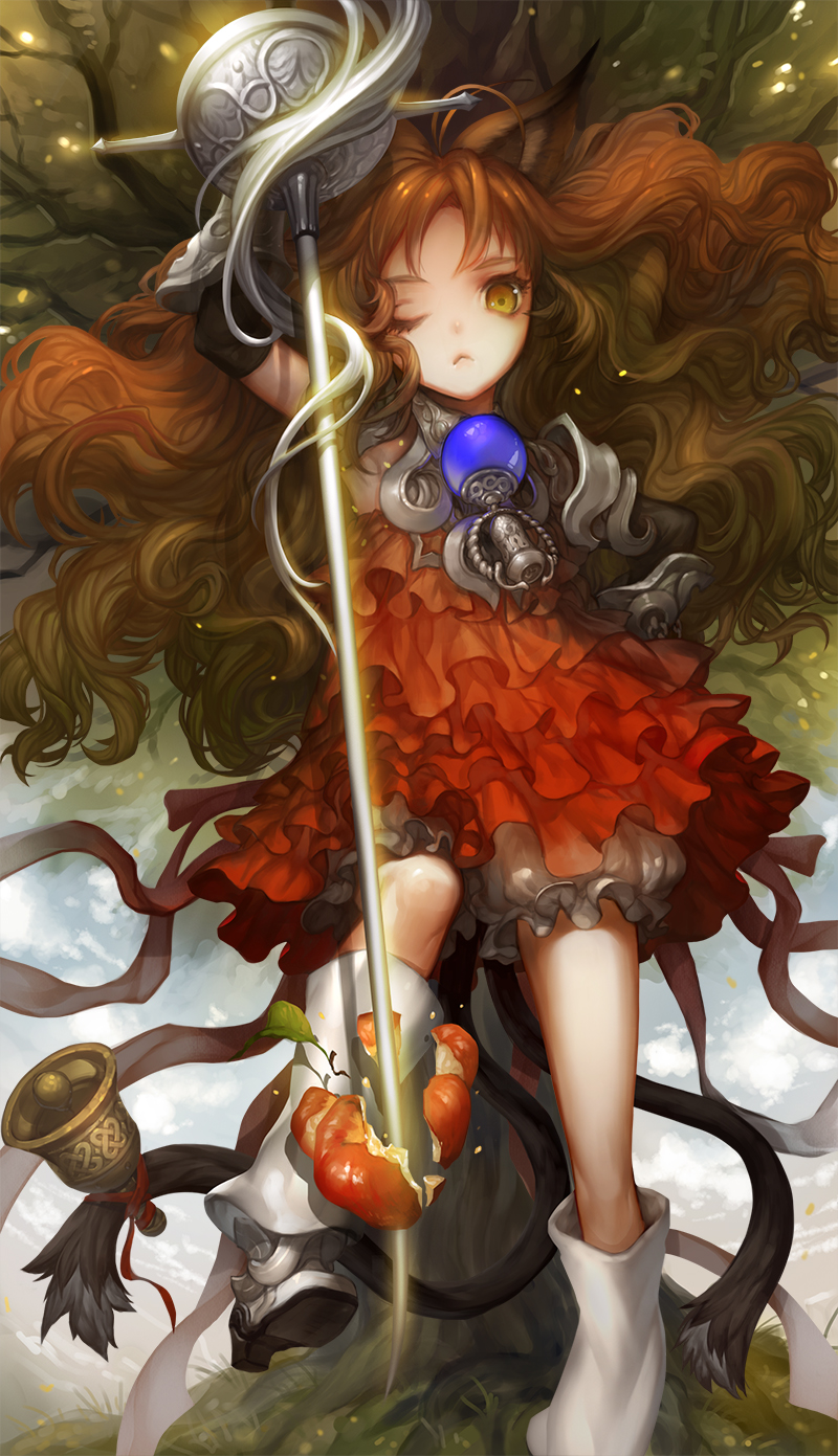 1girl animal_ears antenna_hair apple arm_up armor bell brown_hair closed_mouth clouds cloudy_sky danhu dress food fruit grass hand_on_hip highres holding holding_sword holding_weapon knight long_hair multiple_tails one_eye_closed original outdoors pauldrons rapier red_dress shoulder_armor sky solo stabbing sword tail tail_bell tree two_tails vambraces weapon white_footwear yellow_eyes