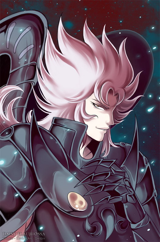 1boy armor daisy_flauriossa gauntlet harpy_valentine looking_to_the_side male pink_hair saint_seiya shining_armor smile wavy_hair