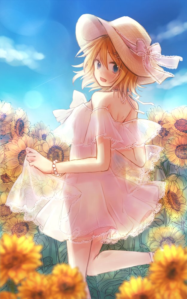 1girl blonde_hair blue_eyes blue_sky bracelet commentary day dress field flower flower_field frilled_dress frilled_ribbon frills from_behind haine_koko hair_ornament hairclip halter_dress hat hat_ribbon jewelry kagamine_rin leg_up looking_at_viewer looking_back open_mouth outdoors ribbon short_hair skirt_hold sky smile solo standing sun_hat sundress sunflower vocaloid white_dress