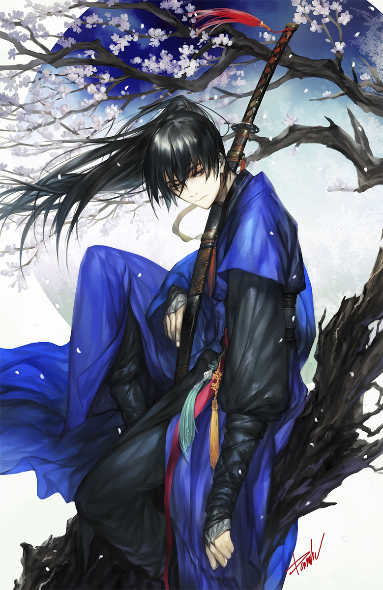 1boy bishounen cherry_blossoms closed_mouth danhu fingernails flower grey_eyes hair_between_eyes highres japanese_clothes long_hair long_sleeves long_sword male_focus ootachi original outdoors over_shoulder petals ponytail scabbard sheath signature sitting solo sword sword_over_shoulder tree weapon weapon_over_shoulder white_flower wide_sleeves