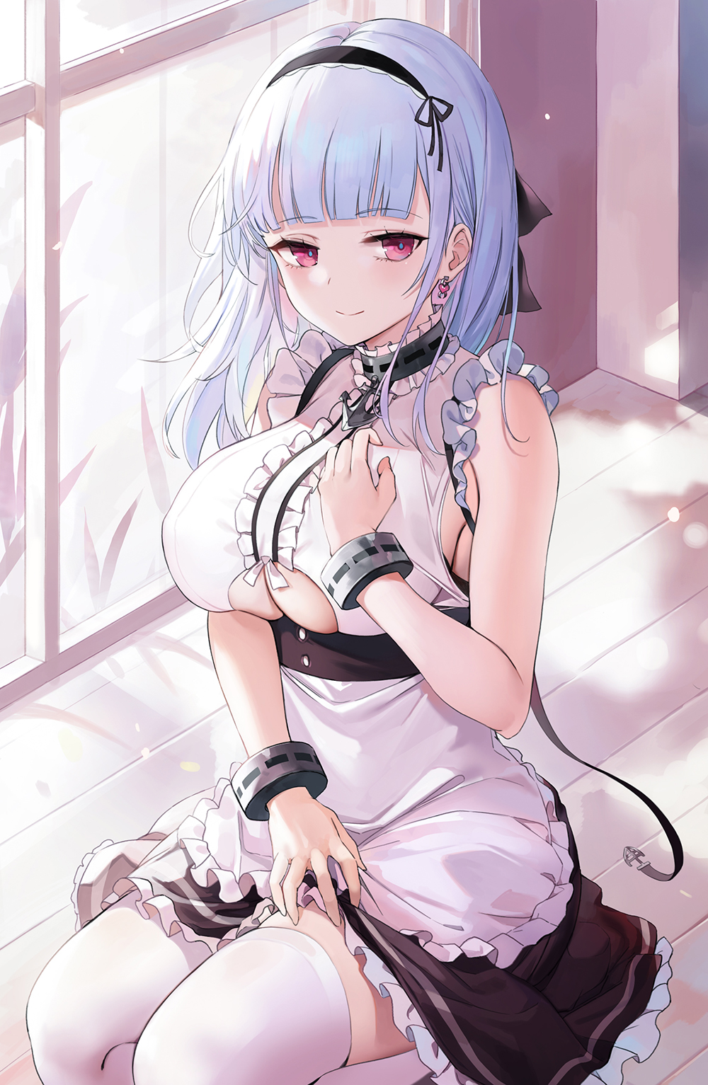 1girl apron azur_lane bare_shoulders black_skirt breasts choker cuffs dido_(azur_lane) earrings frilled_choker frilled_shirt frilled_skirt frills hairband hand_on_own_chest handcuffs highres jewelry large_breasts long_hair looking_at_viewer maid maid_apron miniskirt on_floor red_eyes shirt sitting skirt sleeveless sleeveless_shirt smile solo thigh-highs under_boob underboob_cutout waist_apron white_hair white_legwear white_shirt yumaomi zettai_ryouiki
