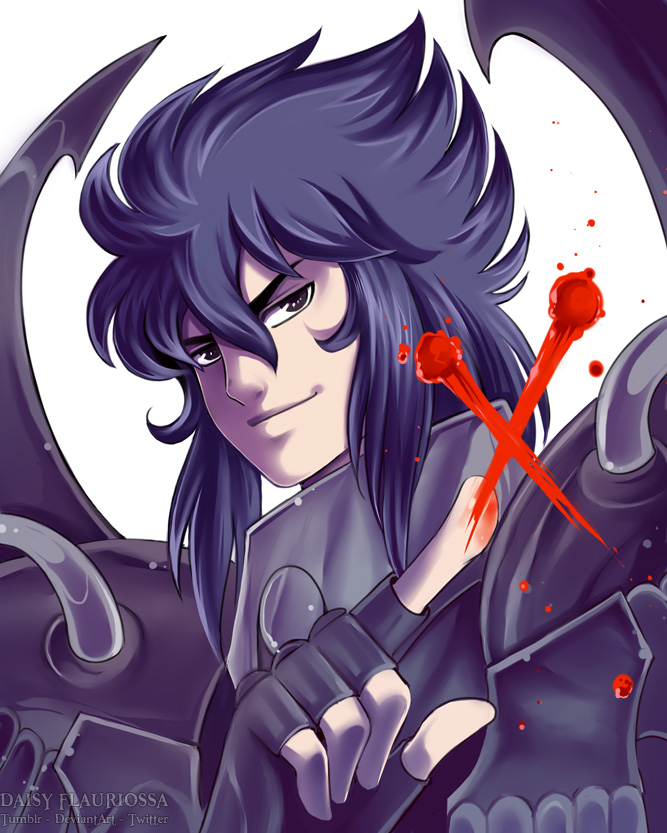 1boy armor black_eyes black_hair daisy_flauriossa fingerless_gloves garuda_aiacos male portrait saint_seiya shining_armor smirk