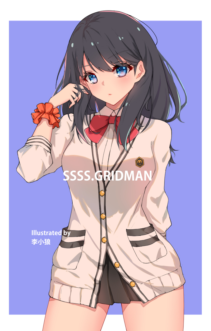 1girl adjusting_hair arm_behind_back artist_name bangs black_hair black_skirt blue_background blue_eyes blush border bow bowtie breasts buttons cardigan closed_mouth collared_shirt commentary_request copyright_name cowboy_shot dress_shirt eyebrows_visible_through_hair hand_in_hair hand_up lixiao_lang long_hair long_sleeves looking_at_viewer medium_breasts miniskirt outside_border pleated_skirt red_bow scrunchie shirt skirt solo ssss.gridman standing takarada_rikka thighs uniform white_border white_shirt wrist_scrunchie