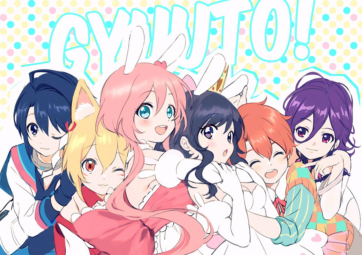 2boys 4girls :3 :d :o ahoge animal_ears back_bow black_hair blonde_hair blue_eyes blue_hair bow breasts closed_eyes closed_mouth collar commentary dress elbow_gloves english_commentary eyebrows_visible_through_hair facial_mark frills gloves group_hug hair_between_eyes hearte_bunny_(kaze-hime) hug interstys:_battle_frontier jacket kaze-hime long_hair multiple_boys multiple_girls one_eye_closed open_clothes open_jacket open_mouth orange_hair original pikkorin_bunny_(kaze-hime) pink_hair purple_hair rabbit_ears red_eyes short_hair small_breasts smile upper_body violet_eyes white_dress white_gloves