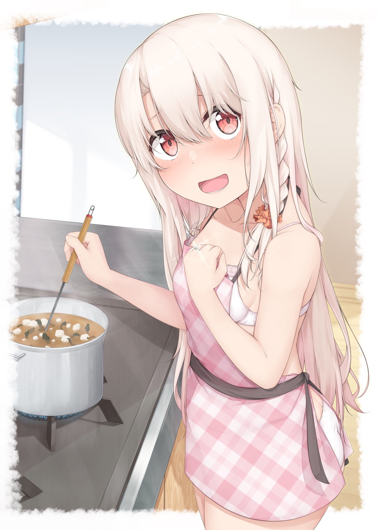 1girl apron bangs blush bra braid breasts cooking eyebrows_visible_through_hair fate/stay_night fate_(series) hair_between_eyes highres illyasviel_von_einzbern jewelry ladle long_hair looking_at_viewer miso_soup no_pants no_shirt open_mouth panties plaid plaid_apron pot red_eyes ring seven_d3t sidelocks silver_hair small_breasts solo stove underwear white_bra white_panties