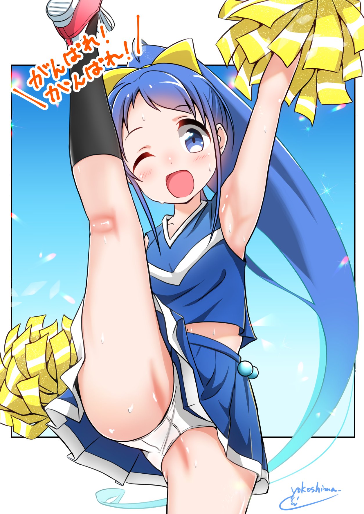 1girl arm_up armpits black_legwear blue_background blue_eyes blue_hair blue_skirt blush cheerleader eyebrows_visible_through_hair flying_kick gradient gradient_background hair_between_eyes highres kantai_collection kicking leg_up long_hair looking_at_viewer multicolored multicolored_background one_eye_closed open_mouth panties pantyshot pleated_skirt pom_poms samidare_(kantai_collection) shirt skirt sleeveless sleeveless_shirt smile socks solo translation_request underwear very_long_hair white_panties white_shirt yokoshima_(euphoria)