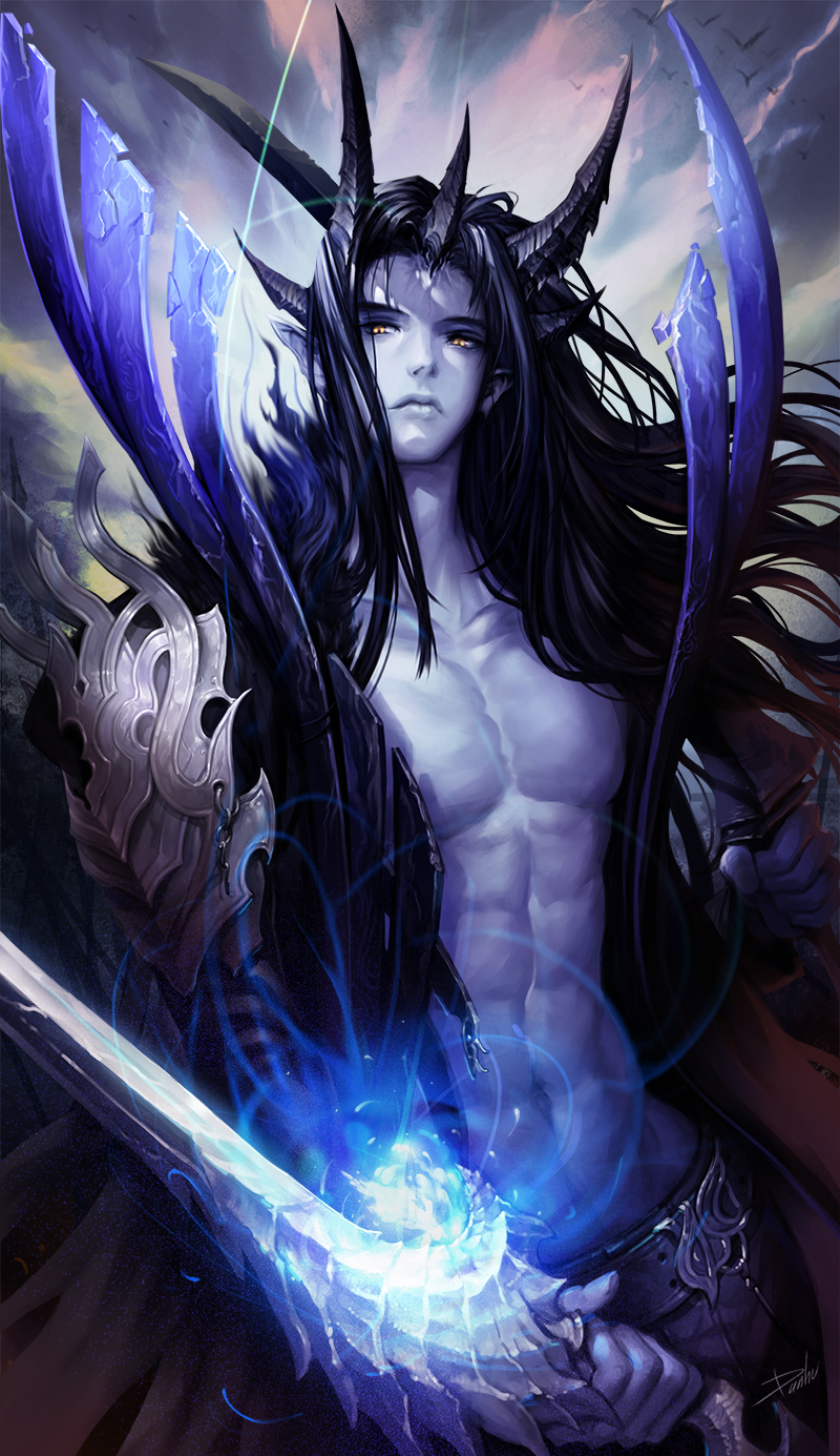 1boy abs animal armor bare_chest belt bird black_hair blue_skin closed_mouth clouds cloudy_sky collarbone crack danhu demon_boy dual_wielding fingernails glowing glowing_sword glowing_weapon highres holding holding_sword holding_weapon horns long_hair male_focus muscle navel original outdoors over_shoulder pauldrons pointy_ears shoulder_armor signature sky solo sword sword_over_shoulder weapon weapon_over_shoulder yellow_eyes