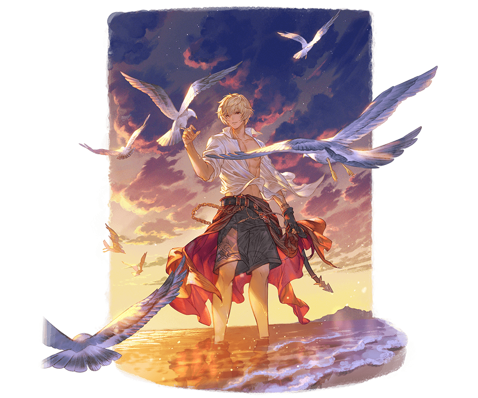 1boy abs albert_(shingeki_no_bahamut) animal_on_arm bird bird_on_arm blonde_hair clouds cloudy_sky granblue_fantasy happy jacket muscle official_art open_clothes open_jacket open_shirt seagull shore sky smile summer sunset toned toned_male