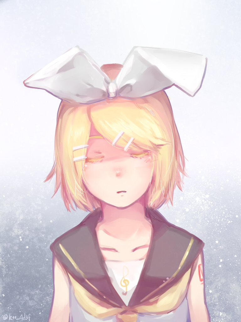 1girl bangs bare_shoulders black_collar blonde_hair bow closed_eyes collar facing_viewer hair_bow hair_ornament hairclip kagamine_rin mi_no_take neckerchief sailor_collar school_uniform shirt short_hair shoulder_tattoo sleeveless sleeveless_shirt solo swept_bangs tattoo treble_clef twitter_username upper_body vocaloid white_bow white_shirt yellow_neckwear