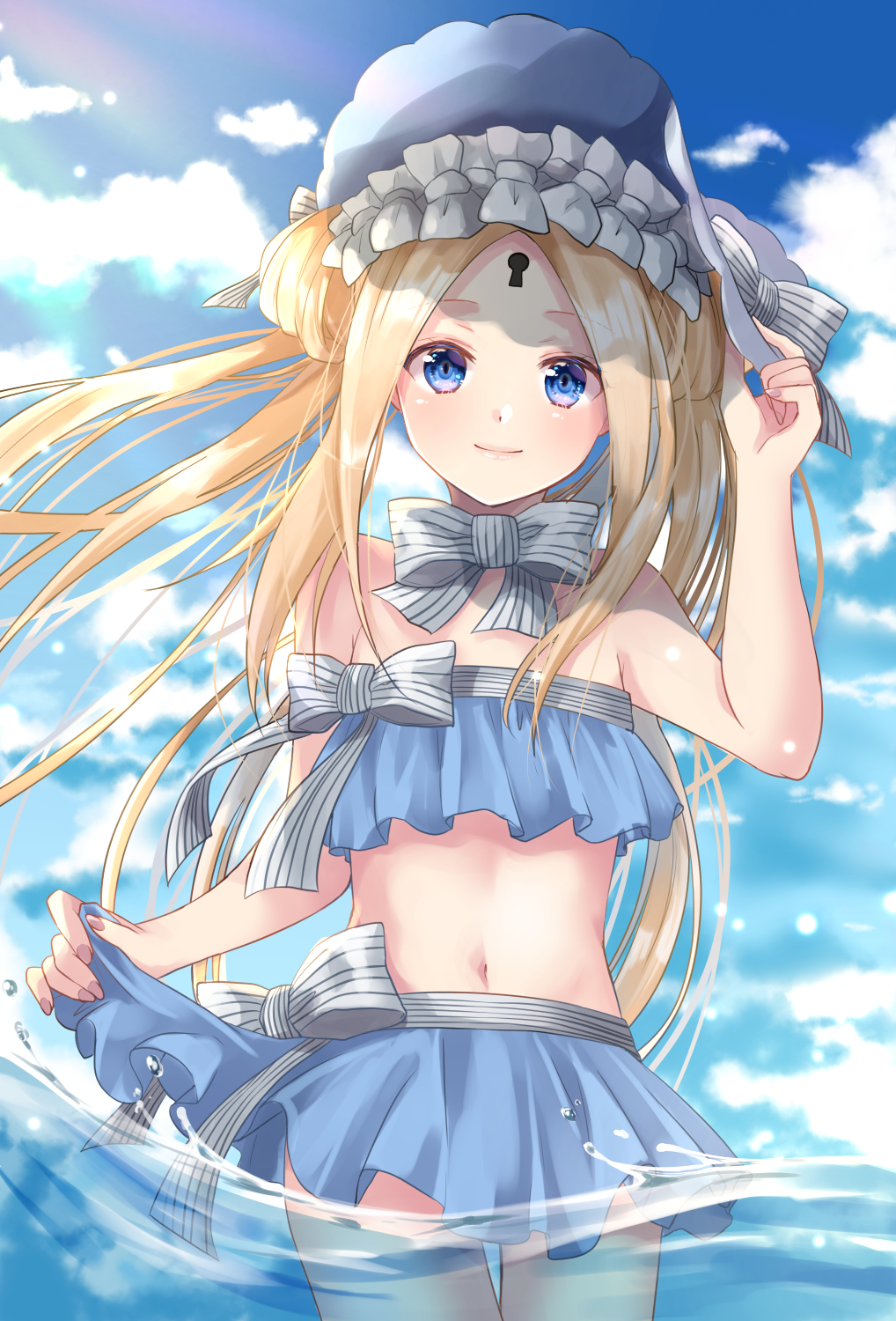 1girl abigail_williams_(fate/grand_order) abigail_williams_(swimsuit) bangs bare_arms bare_shoulders bikini blonde_hair blue_bikini blue_eyes blue_headwear bonnet bow closed_mouth commentary_request double_bun fate/grand_order fate_(series) grey_bow hair_bow hand_on_headwear hand_up highres iroha_(shiki) keyhole long_hair looking_at_viewer navel parted_bangs smile solo strapless strapless_bikini striped striped_bow swimsuit thigh_gap very_long_hair water white_bow