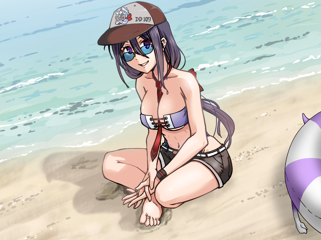 1girl ariake_(kantai_collection) barefoot baseball_cap beach between_breasts bikini black_hair breasts brown_headwear brown_shorts commentary_request dutch_angle enemy_lifebuoy_(kantai_collection) hat highleg highleg_bikini highleg_swimsuit indian_style innertube kantai_collection large_breasts long_hair looking_at_viewer necktie parted_lips purple_bikini red_neckwear shinkaisei-kan short_shorts shorts sir_ichirou sitting solo sunglasses swimsuit violet_eyes wristband