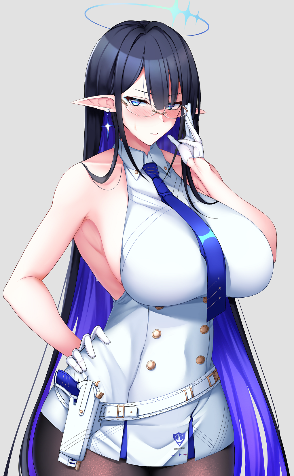 1girl adjusting_eyewear armpits bangs belt black_hair black_legwear blue_archive blue_eyes blue_hair blue_necktie blush breasts closed_mouth collared_dress colored_inner_hair cowboy_shot dress earrings gloves gun halo hand_on_hip highres huge_breasts impossible_clothes jewelry long_hair looking_at_viewer multicolored_hair necktie ootori_subaru pantyhose pointy_ears rimless_eyewear rin_(blue_archive) solo very_long_hair weapon white_belt white_gloves