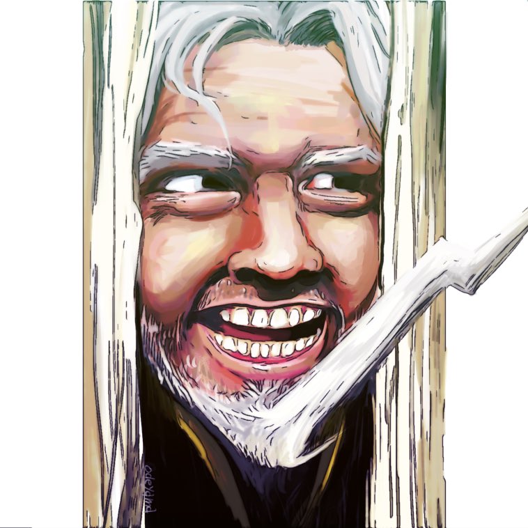 1boy beard christopher_columbus_(fate/grand_order) commentary_request face facial_hair fate/grand_order fate_(series) hair_ornament lightning_bolt lightning_bolt_hair_ornament looking_to_the_side odeyama open_mouth parody signature solo teeth the_shining white_hair