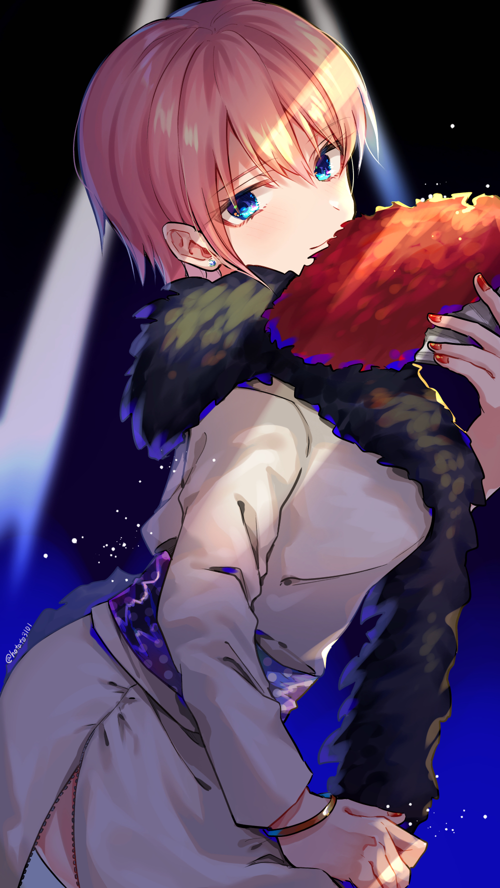 1girl arched_back bangs blue_eyes blush breasts closed_mouth earrings eyebrows_visible_through_hair fan feather_boa fluffy go-toubun_no_hanayome hair_between_eyes highres holding holding_fan hotate_3102 jacket jewelry large_breasts long_sleeves looking_at_viewer nail_polish nakano_ichika pink_hair short_hair smile solo