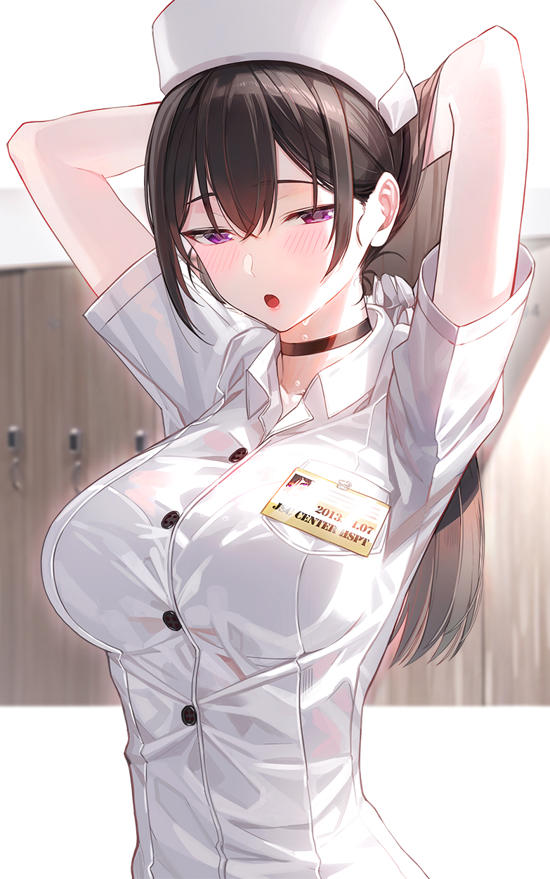 1girl arms_up black_choker black_hair blurry blurry_background blush breasts buttons choker commentary eyebrows_visible_through_hair hair_between_eyes half-closed_eyes hands_in_hair hat highres kfr large_breasts lips long_hair looking_at_viewer name_tag nurse nurse_cap open_mouth original shirt short_sleeves solo straight_hair sweat upper_body violet_eyes white_headwear white_shirt wing_collar