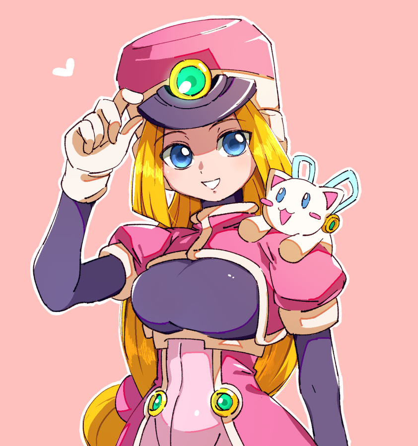 1girl android bangs blonde_hair blue_eyes breasts capcom cat gloves hat long_hair prairie puffy_sleeves rockman rockman_zx sakuraba_(kirsche_x) shako_cap simple_background smile solo